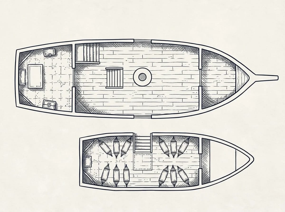 Carte de sloop pirate avec gréement et compartiments secrets pour rencontres DnD