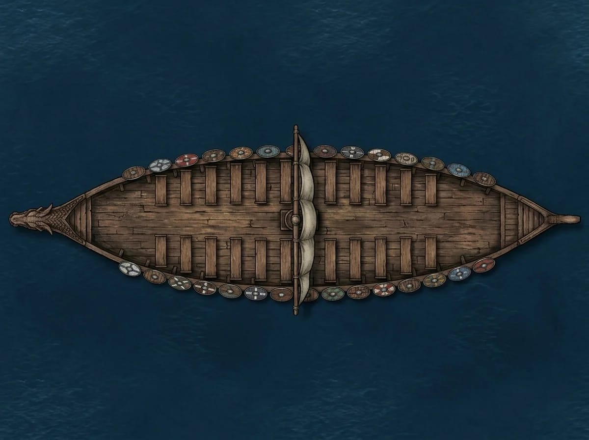 Battlemap de drakkar viking avec bancs de rameurs et mur de boucliers pour rencontres D&D