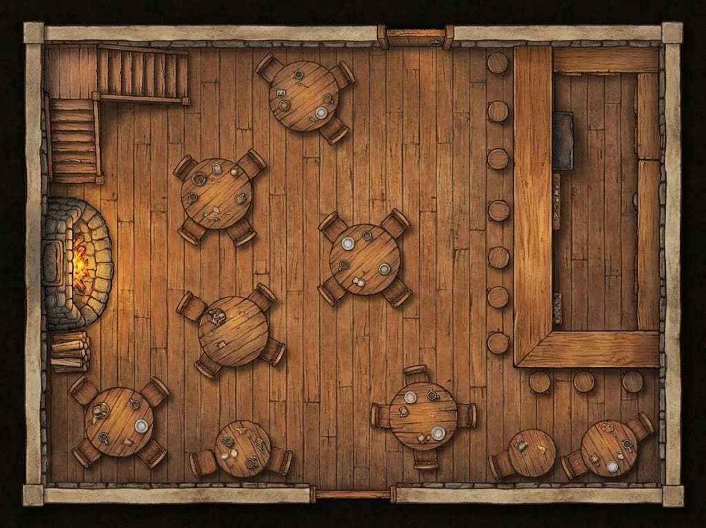 Carte d'auberge fantasy classique avec comptoir et cheminée pour rencontres D&D