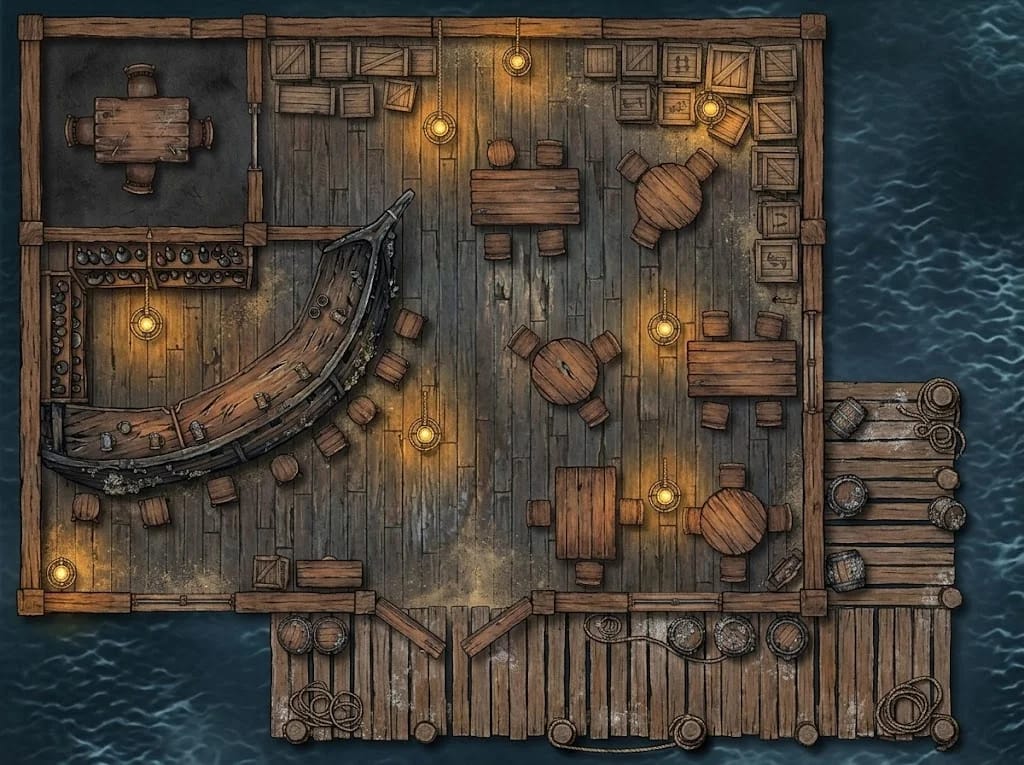 Battlemap d'une taverne de marins au port pour campagnes de pirates D&D