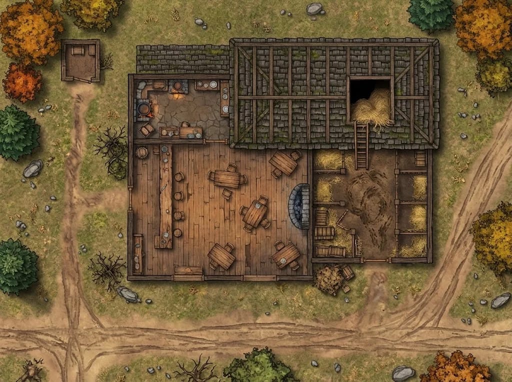 Carte d'un relais d'auberge de bord de route avec écuries pour rencontres de voyage D&D