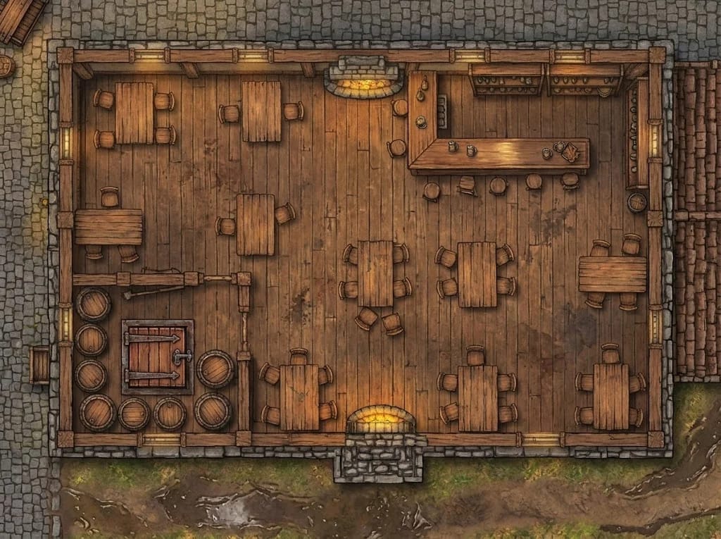 Carte d'auberge avec cave secrète et passage dissimulé pour aventures à mystère D&D