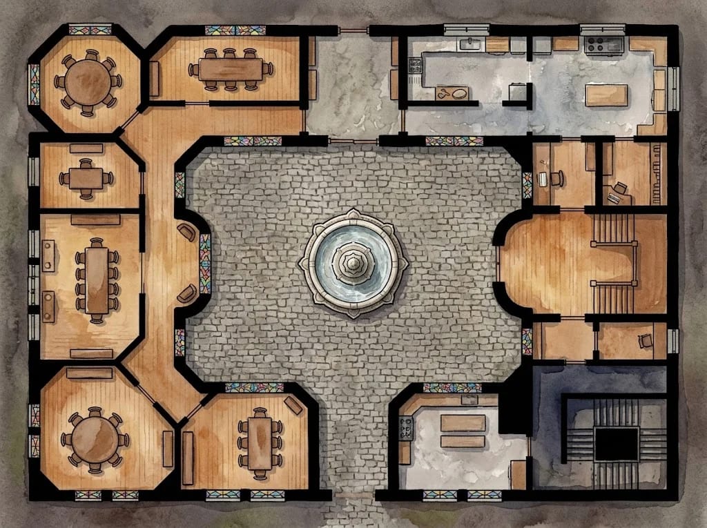 Auberge de ville haut de gamme avec cour et chambres privées pour carte d'auberge JDR fantasy