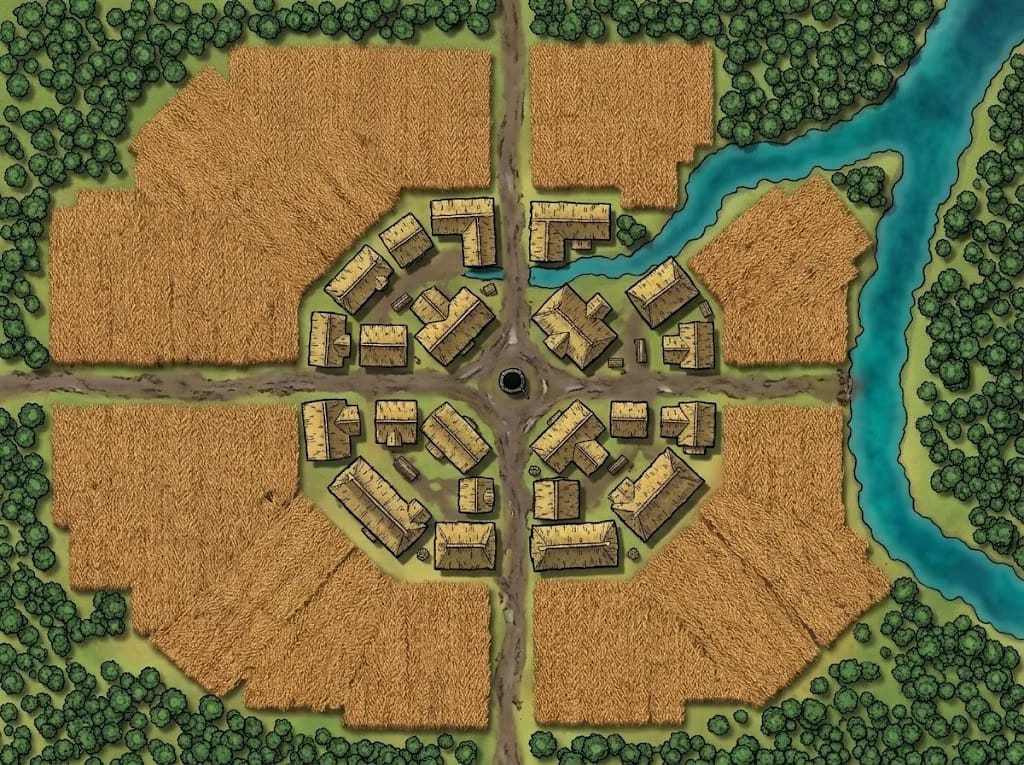Carte de village agricole avec chaumières au toit de chaume et champs pour campagnes D&D