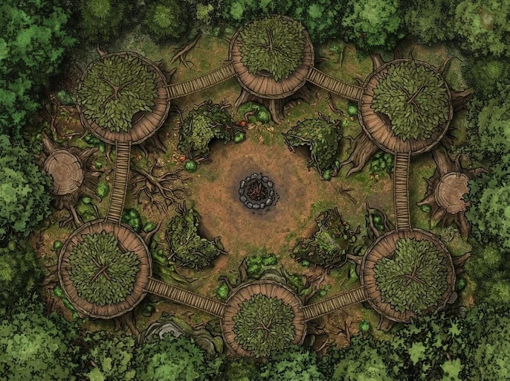 Carte de village forestier caché entre les arbres pour rencontres en forêt D&D