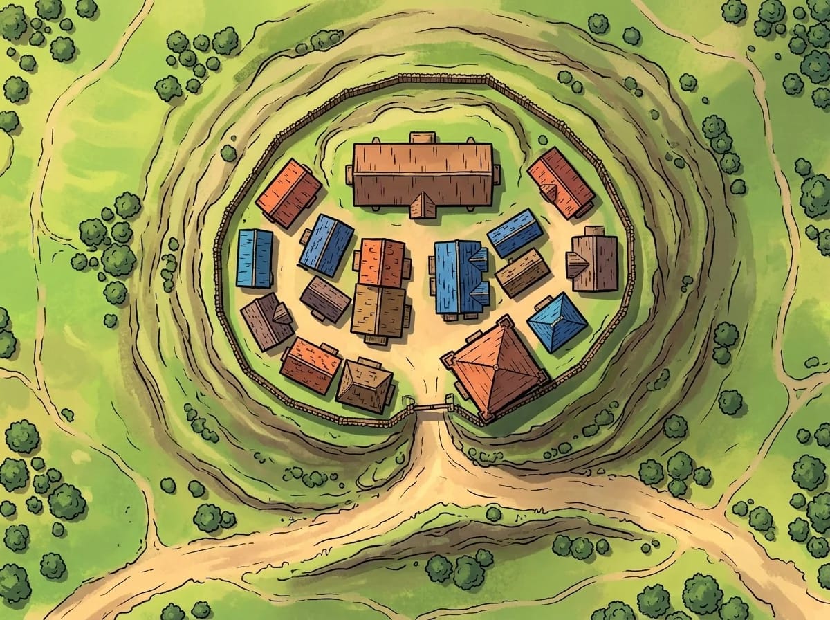Carte de hameau de colline avec rempart de palissade pour rencontres défensives JDR fantasy