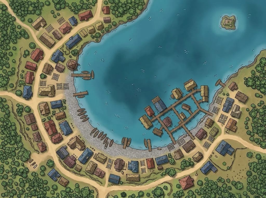 Carte de village de pêcheurs au bord du lac avec pontons pour campagnes JDR fantasy