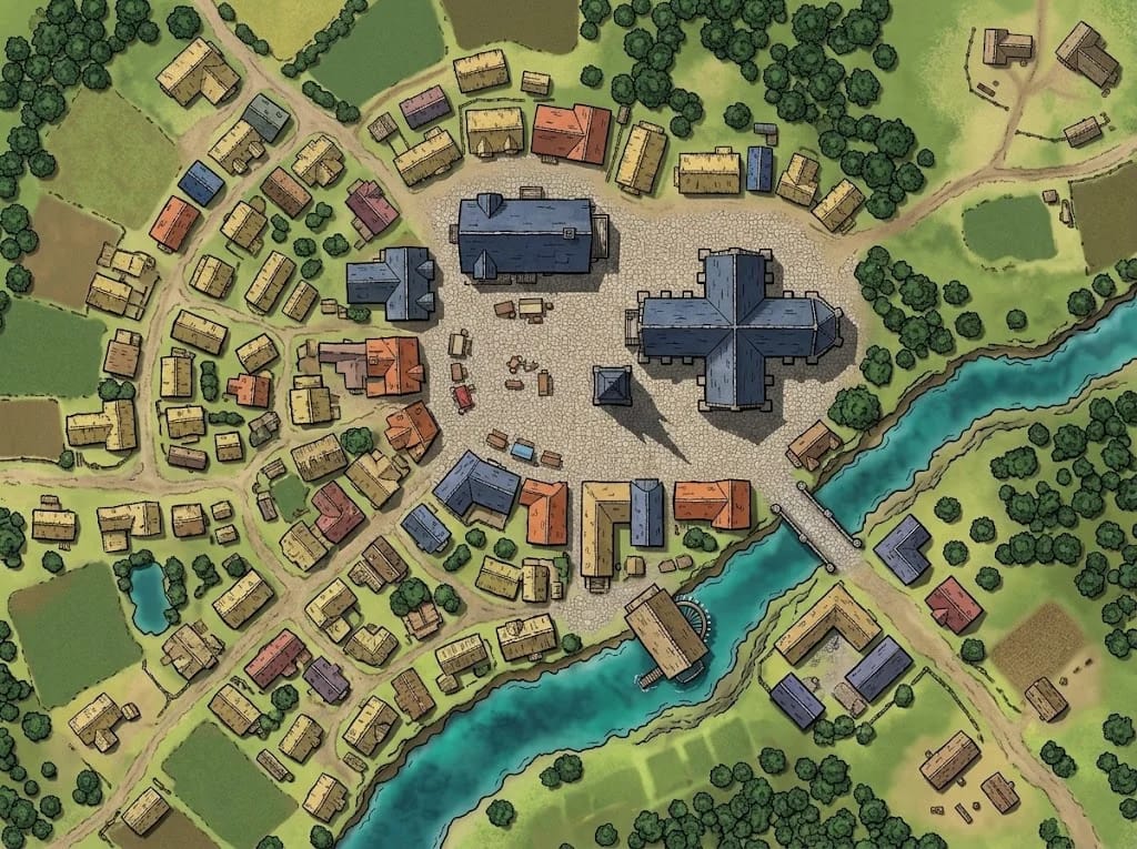 Carte de village médiéval avec église et place de marché pour rencontres DnD
