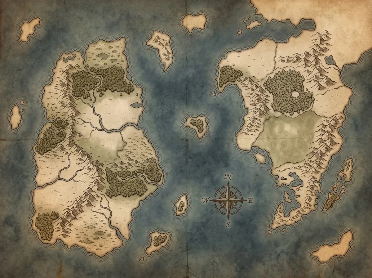 Carte du monde fantasy avec régions côtières et villes portuaires pour campagnes JDR nautiques