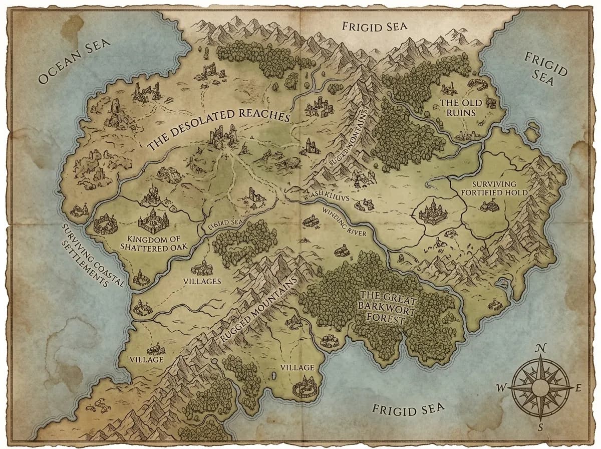 Carte du monde fantasy générée par IA avec royaumes et continents nommés pour campagnes D&D
