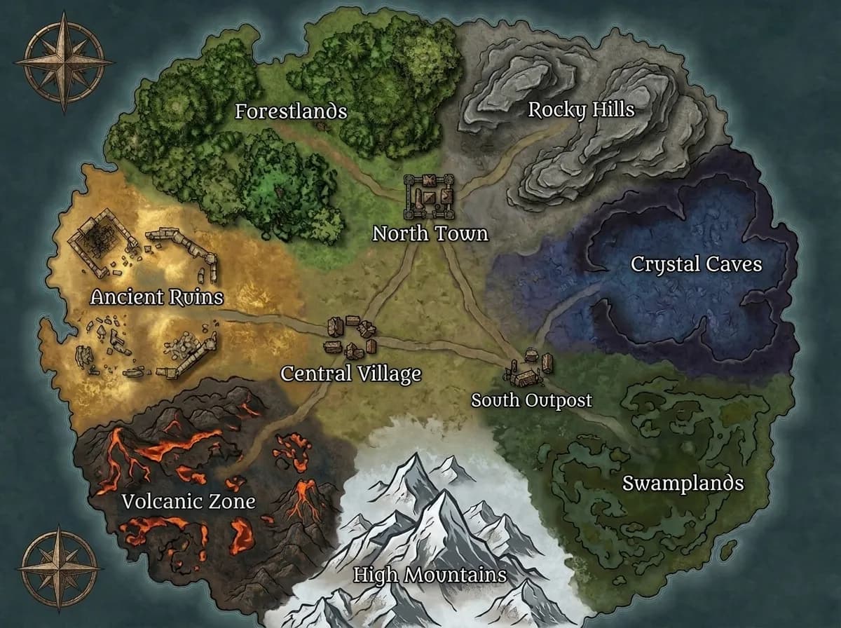 Carte du monde détaillée avec chaînes de montagnes et biomes forestiers pour la conception d'univers de campagne