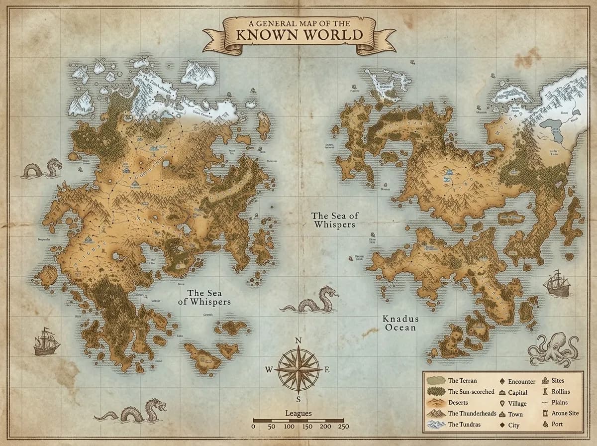 Carte du monde vintage de style atlas sur parchemin pour cartographie de roman de fantasy