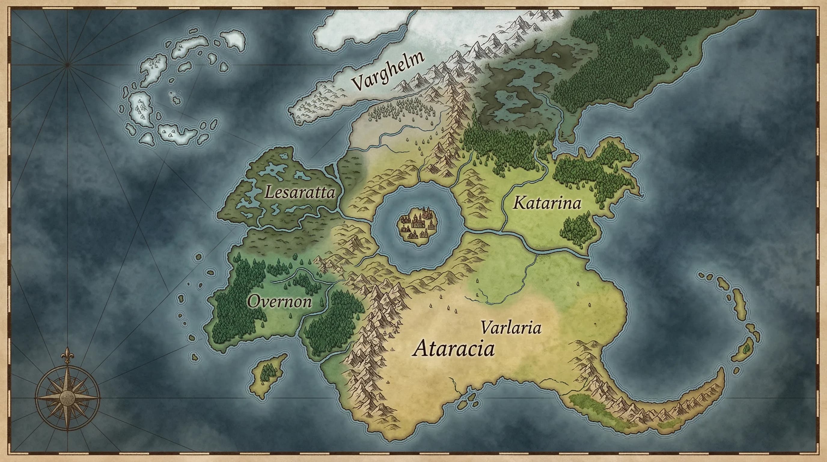 Carte du monde fantasy détaillée avec réseaux fluviaux et routes commerciales pour campagnes bac à sable