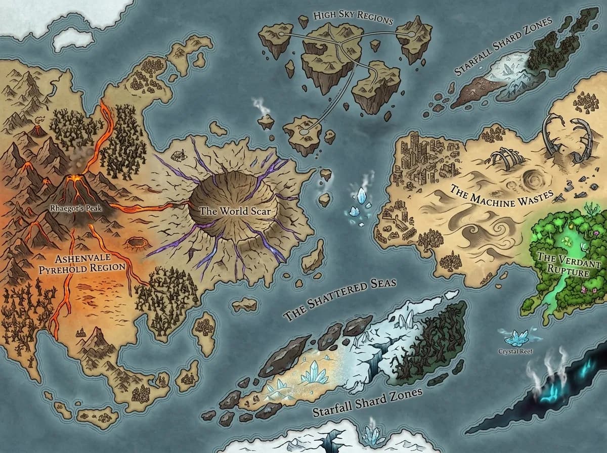 Carte du monde fantasy avec mers déchiquetées, îles flottantes et régions volcaniques pour campagnes épiques